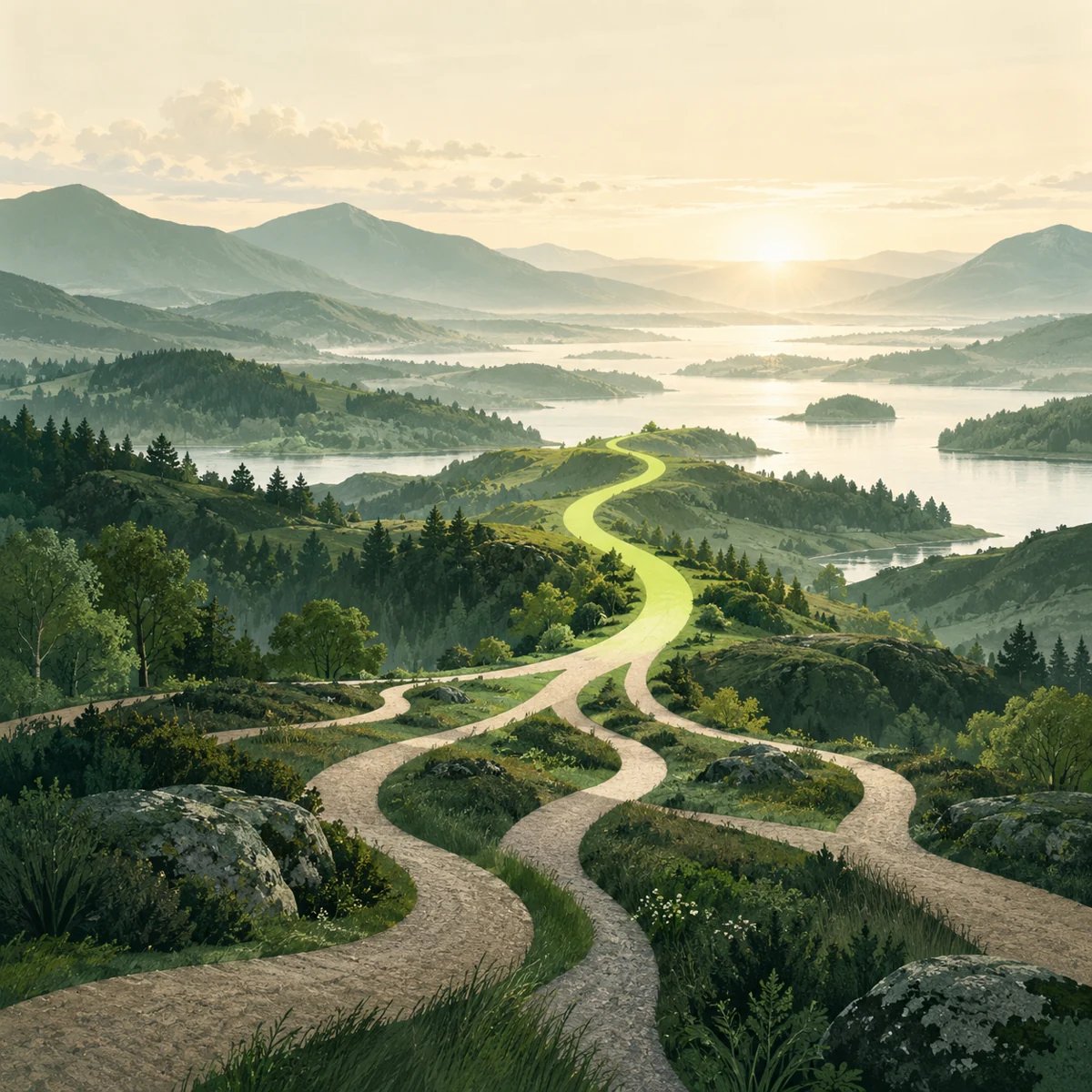 Paths through a green landscape converge into a clear route towards a sunlit horizon