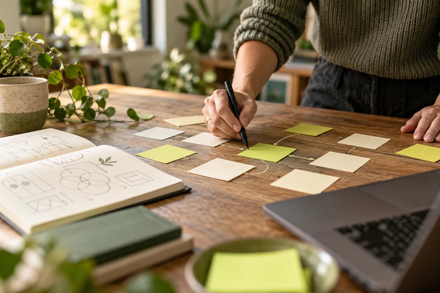 Conceptual image of a consultant mapping connections between notes and processes