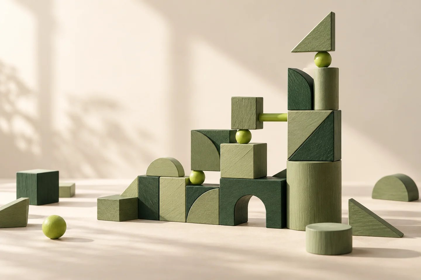 Green wooden shapes arranged into a new structure, illustrating fresh possibilities from existing resources